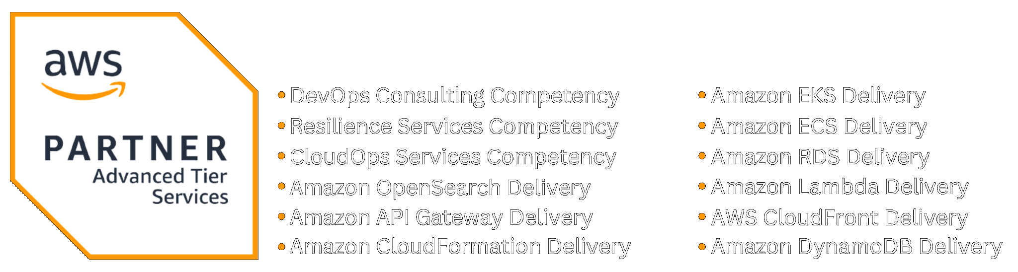 AWS Partner Advanced Tier Services with DevOps Consulting Competency, Resilience Services Competency, Cloud Operations Services Competency, Amazon OpenSearch Delivery, Amazon API Gateway Delivery, Amazon CloudFormation Delivery, Amazon EKS Delivery, Amazon ECS Delivery, Amazon RDS Delivery, Amazon Lambda Delivery, AWS CloudFront Delivery, and Amazon DynamoDB Delivery.